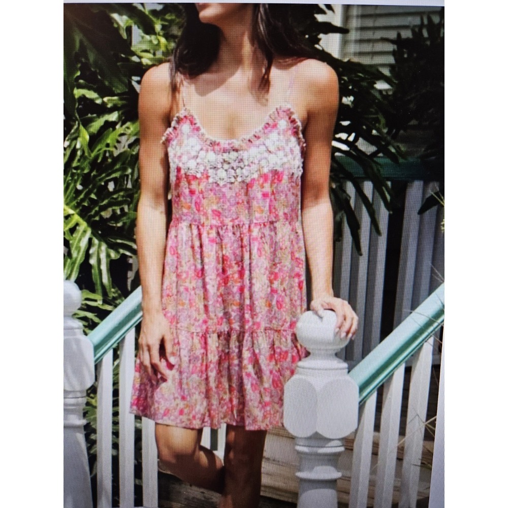 NWT Natural Life Embroidered Harley Mini Dress Pink Floral Tiered White Lace, M